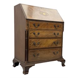 Georgian design mahogany bureau, moulded fall front with central floral inlays and satinwood band, fitted with four graduating drawers enclosed by ring turned pillars, on ogee bracket feet 