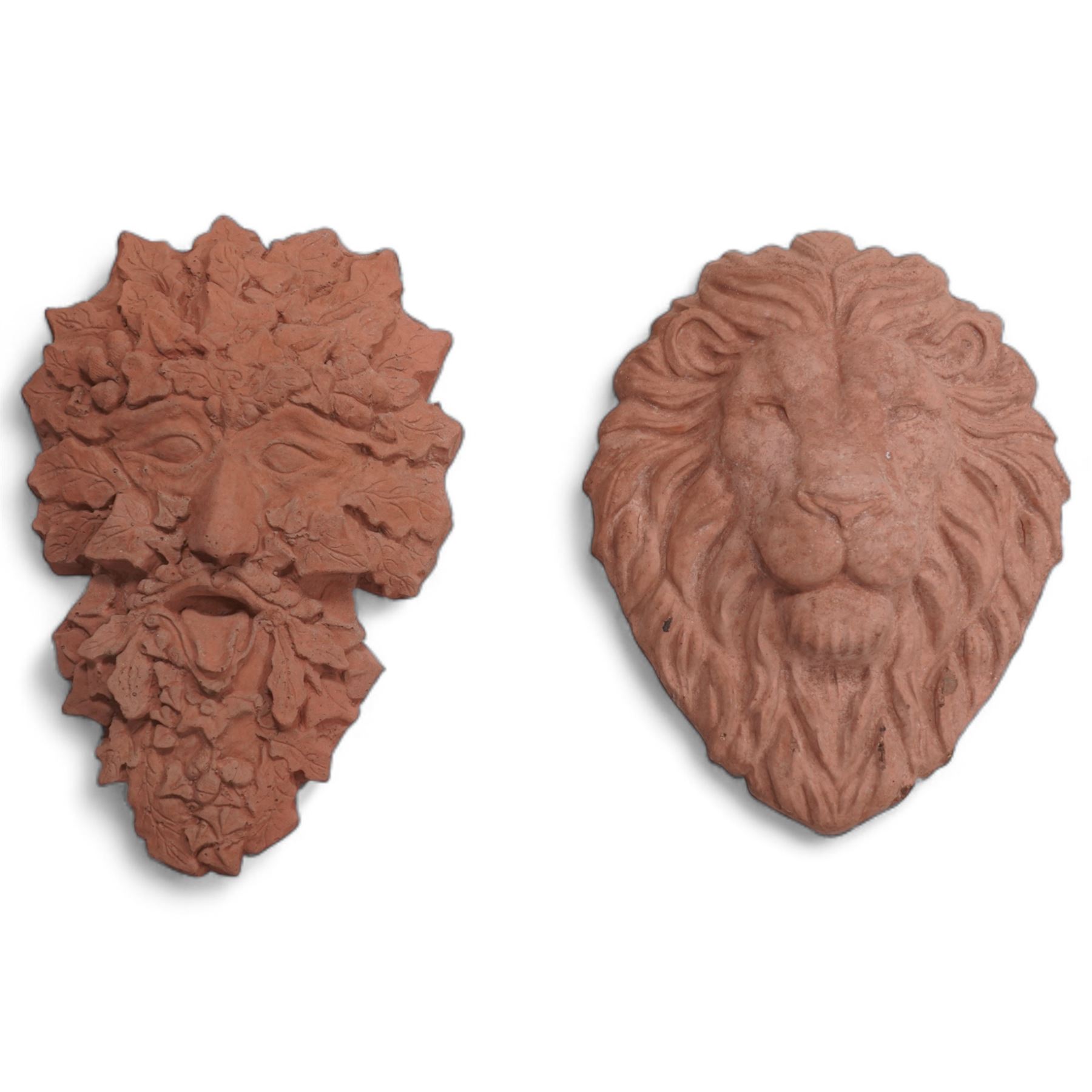 Terracotta red cast stone Greenman wall mask (37cm x 24cm); together with a lion wall mask (35cm x 26cm)