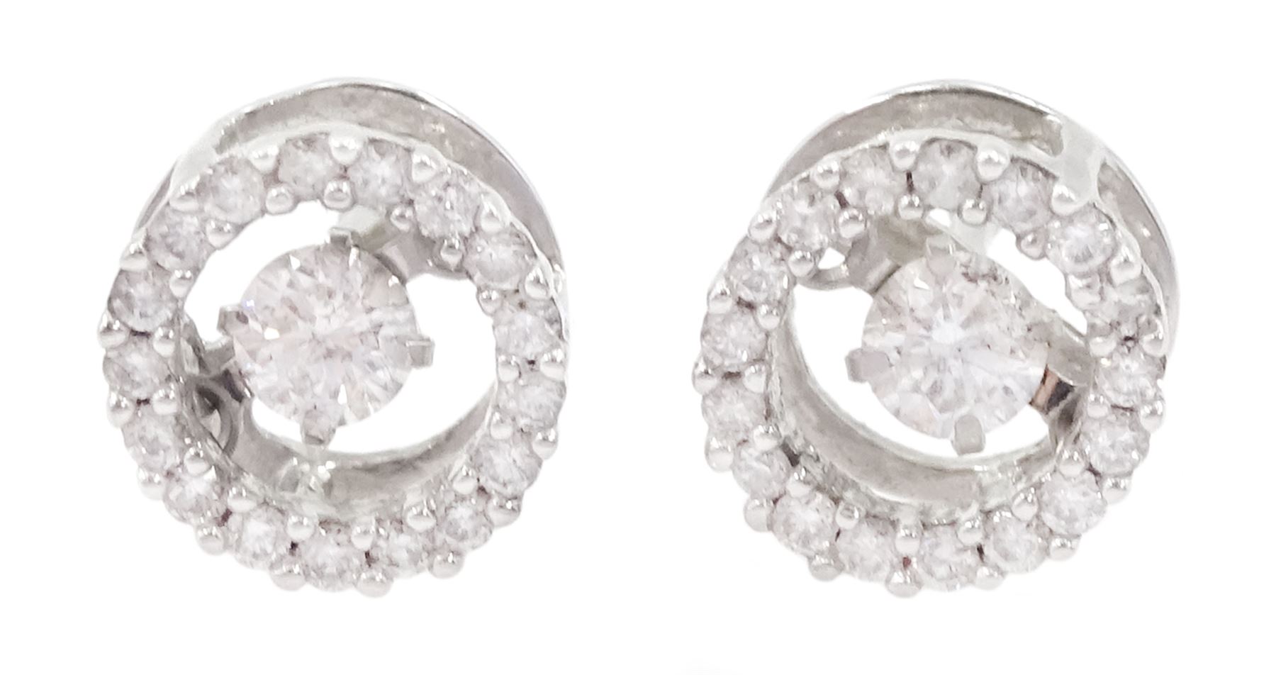 Pair of 14ct white gold round brilliant cut diamond halo cluster screw back stud earrings, with a suspended diamond to the centre, total diamond weight 0.30 carat and matching 14ct white gold pendant, total diamond weight 0.35 carat