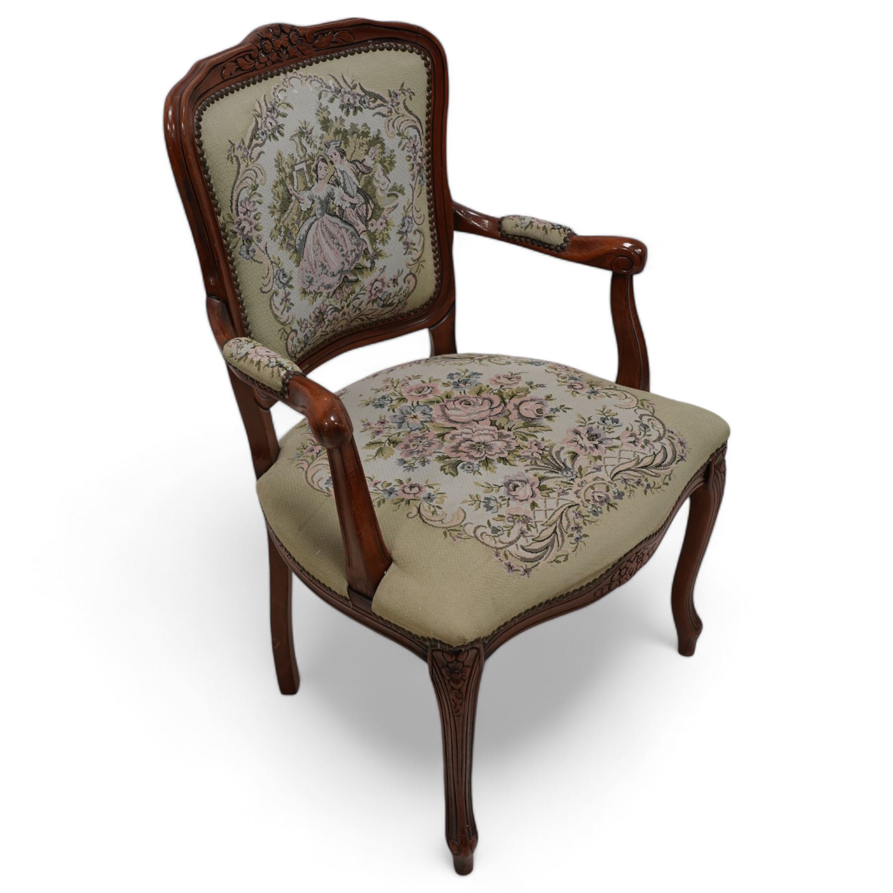 French design open armchair, upholstered in tapestry fabric depicting a romantic scene