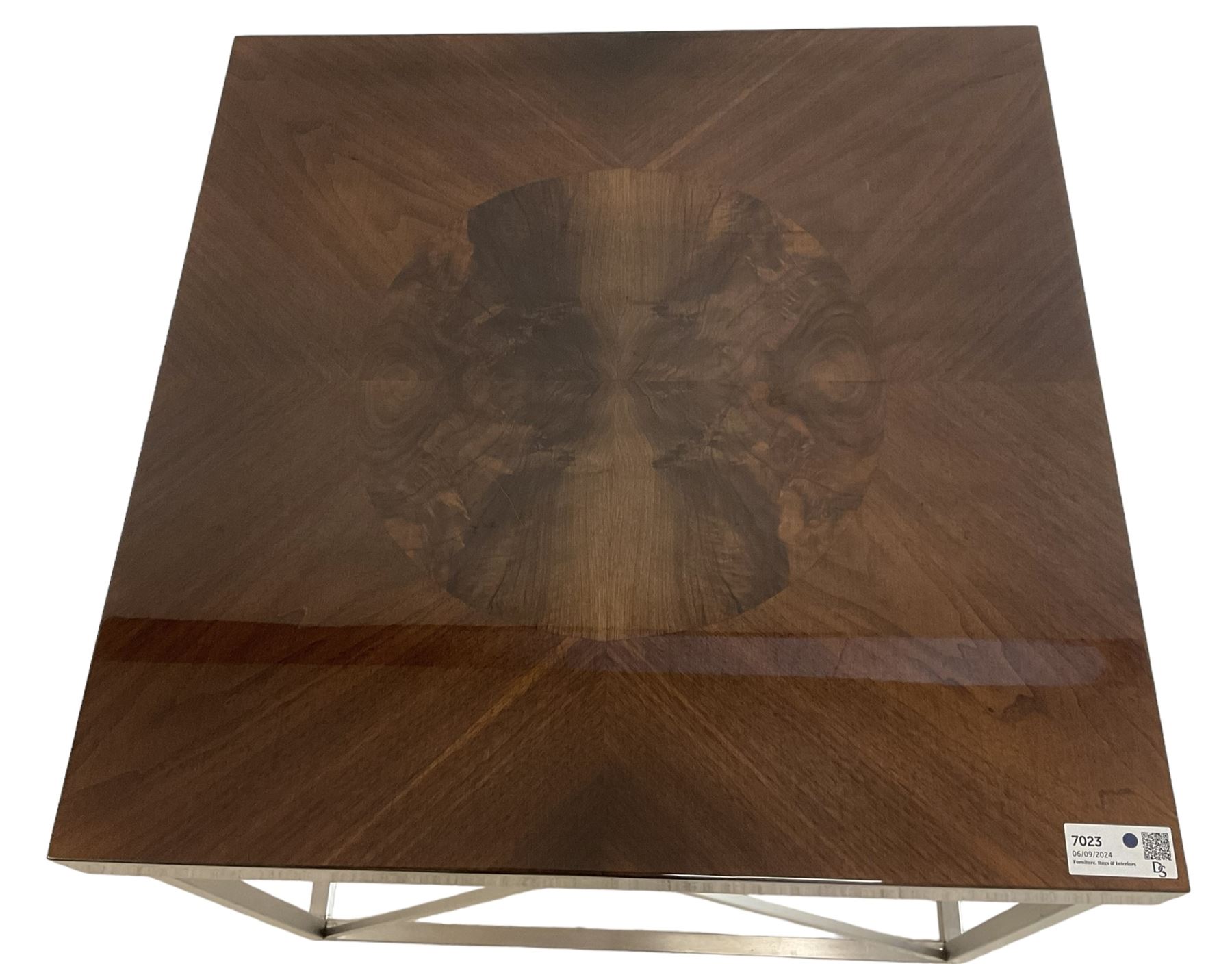 Malerba - pair of Italian burr walnut and chrome lamp tables, square top with central circular inlaid panel, raised on chrome square supports united by stretchers, retailed by Harrods