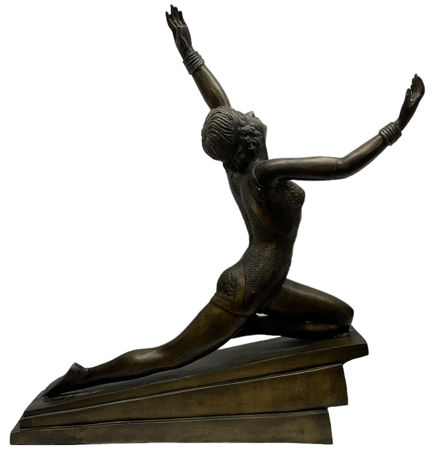 Large bronzed Art Deco style figure of a dancer, on stepped base, H71cm