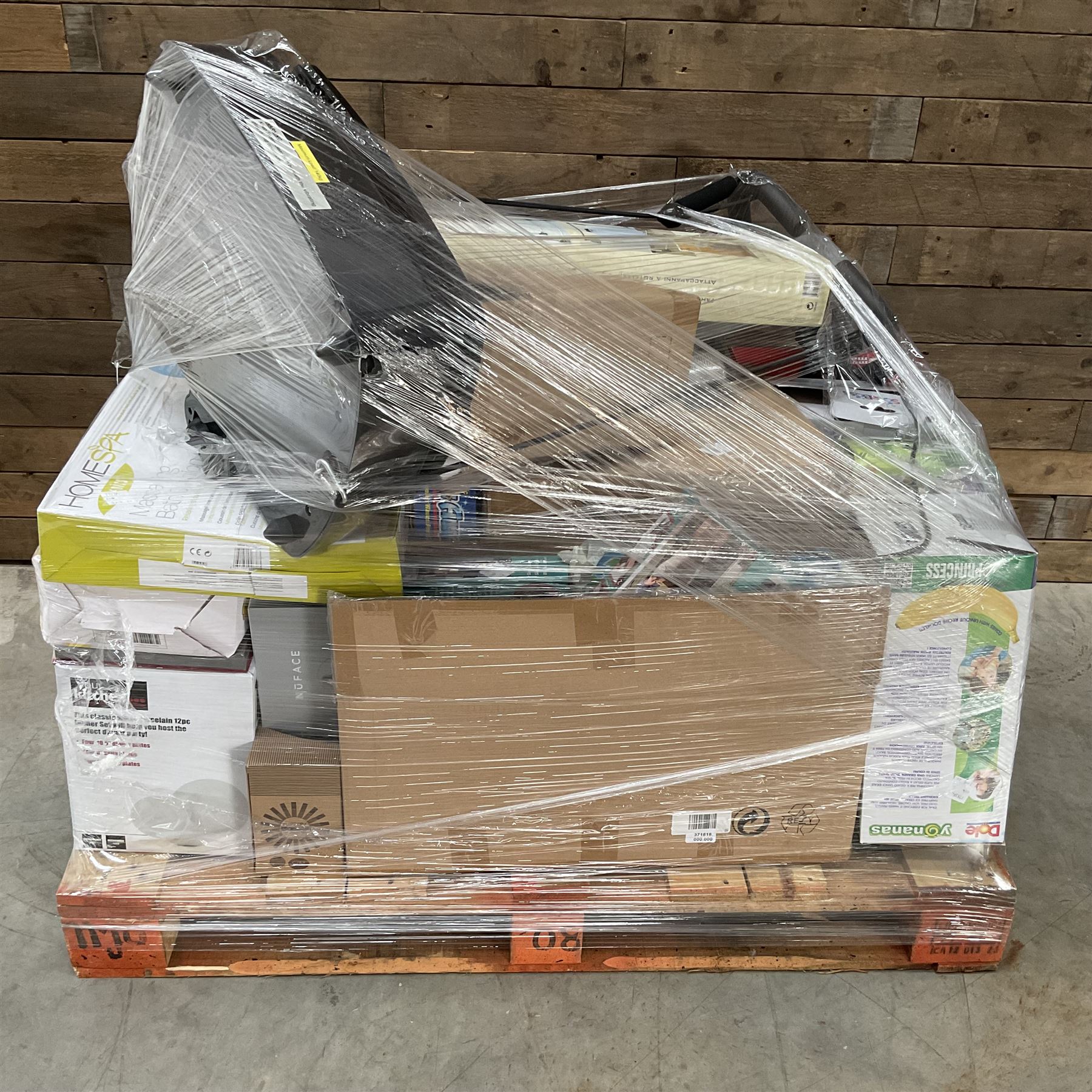 Four pallets of domestic goods to include, cleaning equipment, vacuums, exercise equipment, cooking items, Brother printer, garden loungers, irons and more… approx. 60 items