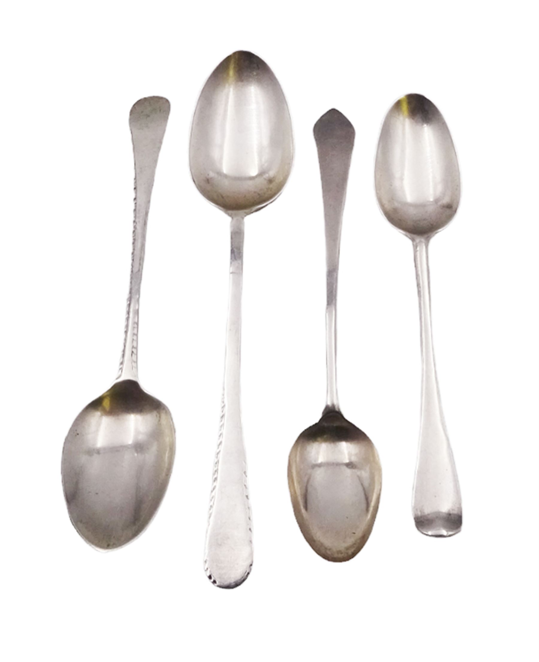 Four early 18th century American silver teaspoons, including two with oblique gadrooned border and one Hanoverian pattern, all stamped verso John Burt, probably John Burt of Boston, circa 1730