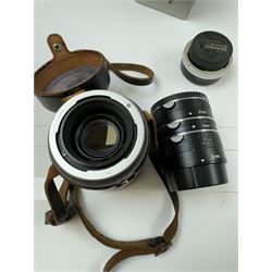 Group of camera lenses by various makers, including Vivitar 19mm 1:3.8 MC wide angle lens serial no. 97040355, boxed, Kestrel MC Auto Zoom 1:4.5 f=80-205mm lens serial no. 710269, Tokina SD 70-210mm 1:4-5.6 lens serial no. 8805753, Osawa MC 1:4.5 80-205mm Macro lens serial no. 5223217, Olympus AF zoom 28-85mm 1:3.5-4.5 lens serial no. 516854, Hanimex Tele-Lens 1:2.8 f=135mm lens serial no. H61532, together with converters and other accessories