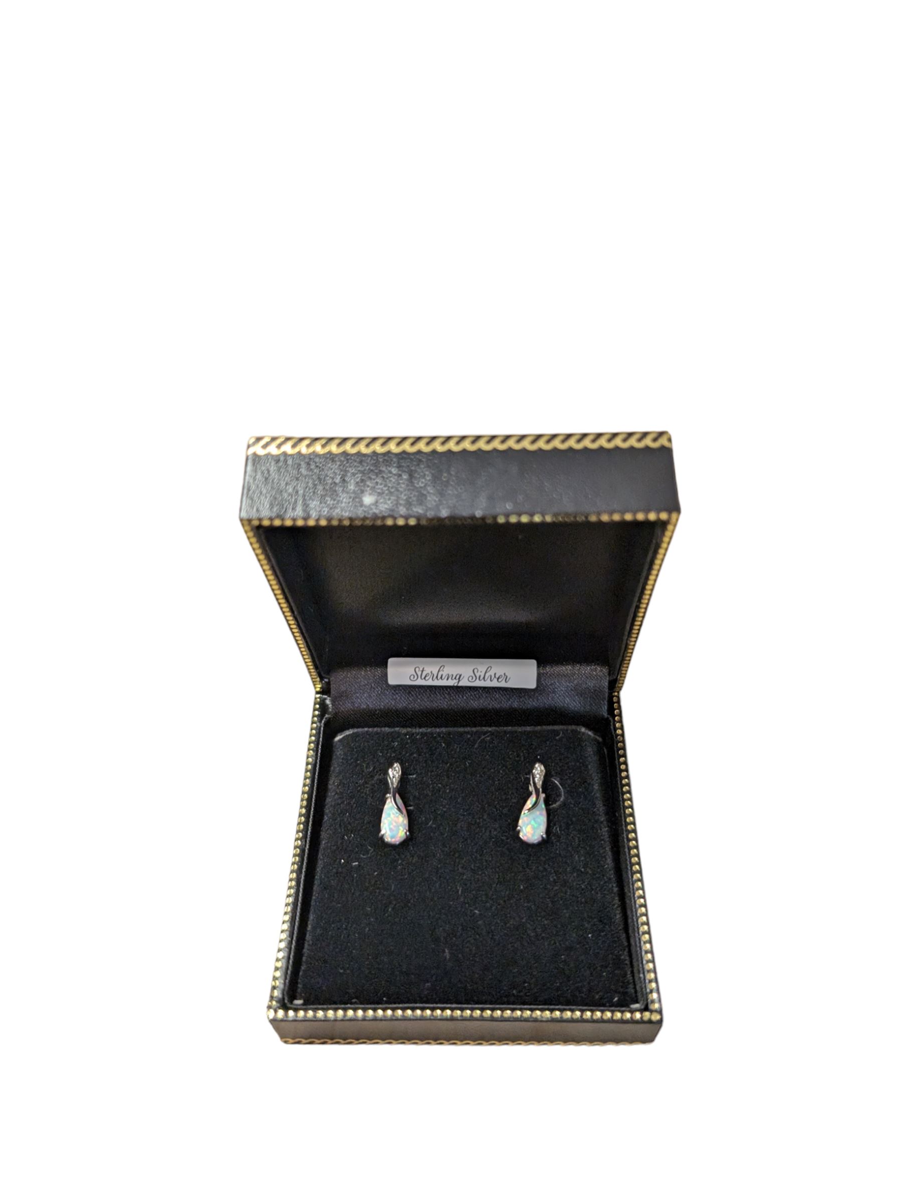 Pair of silver opal and cubic zirconia stud earrings, stamped, boxed 