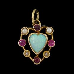 Early 20th century 14ct gold opal, ruby and pearl heart pendant