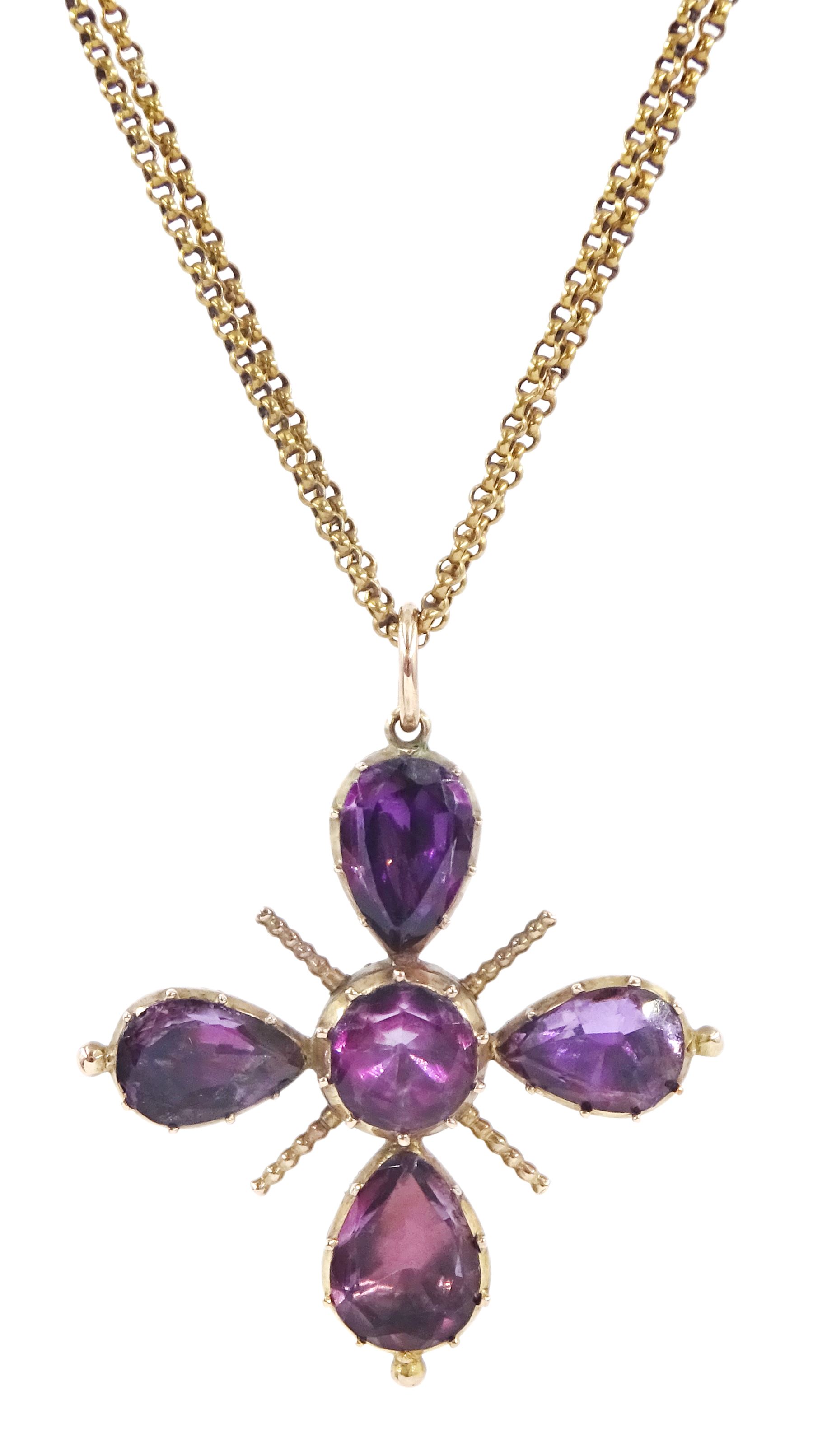 19th century gold foiled back amethyst pendant, on gold double link chain necklace, in fitted velvet and silk lined box