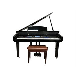 Minster Pianos - Grand 1000 digital grand piano with three foot pedals, touchscreen LCD display, 88 hammer action keys and 8 touch sensitive pads, housed within glossy black lacquered case; adjustable brown upholstered stool