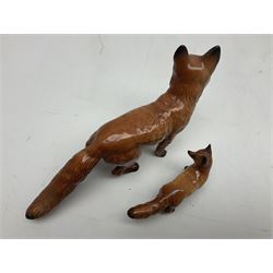 Five Beswick figures, comprising Wooly Shetland no 1033, Wooly Shetland Foal no.1034, Cairn Terrier no.2112, large Fox no. 1016 and standing fox no. 1440