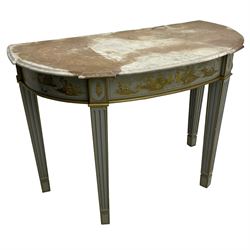 Late 20th century grey painted and Chinoiserie decorated demi-lune console table, moulded variegated marble top, the frieze rails decorated with traditional pagoda scenes in raised gilt work, on square tapering fluted supports 