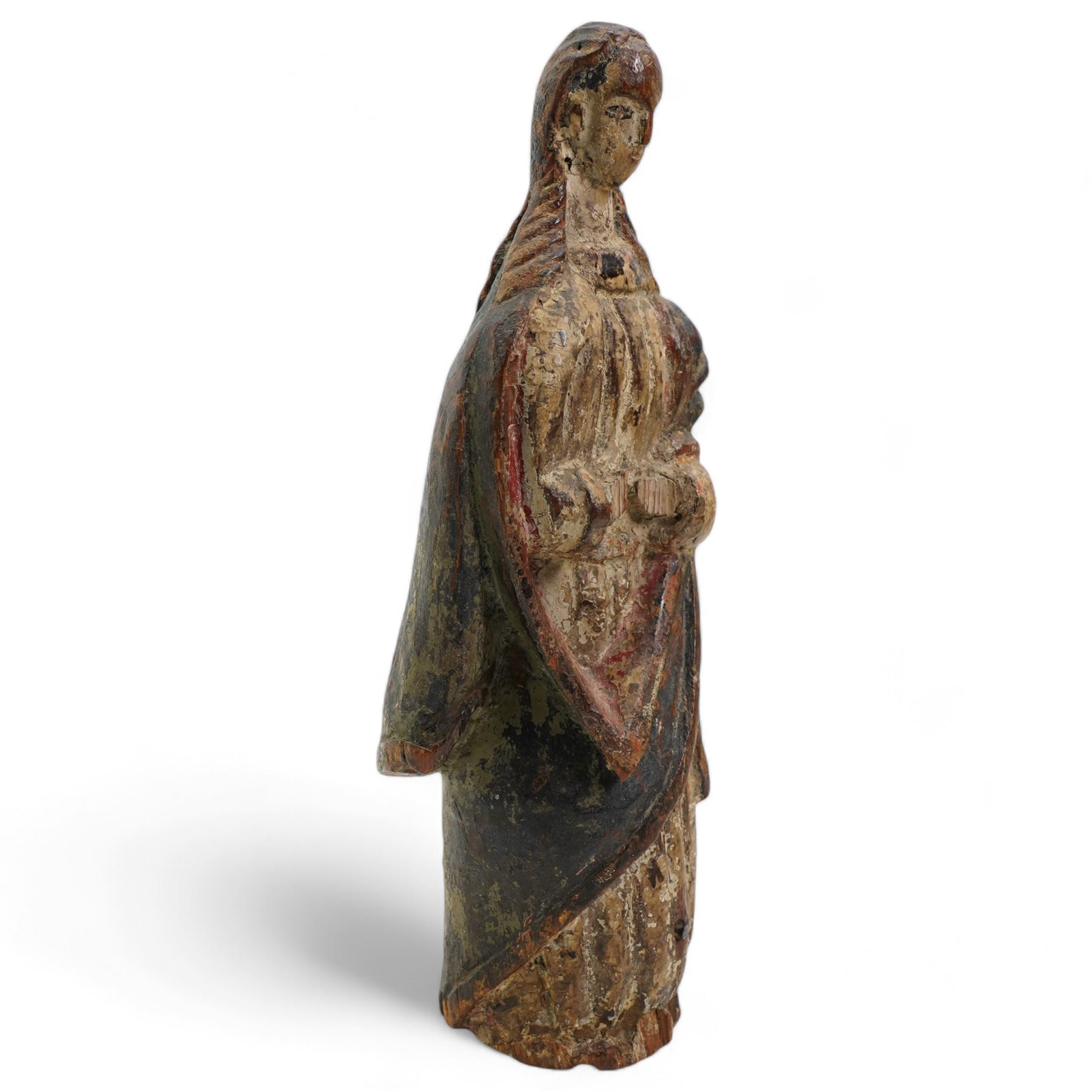 18th Century limewood figure of a saint dressed in flowing robes with polychrome decoration, probably Spanish H24cm