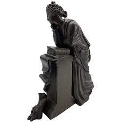 19th century French bronze sculpture of a Classical female muse leaning against a pedestal applied with a book, unsigned, numbered verso 2783, H26cm