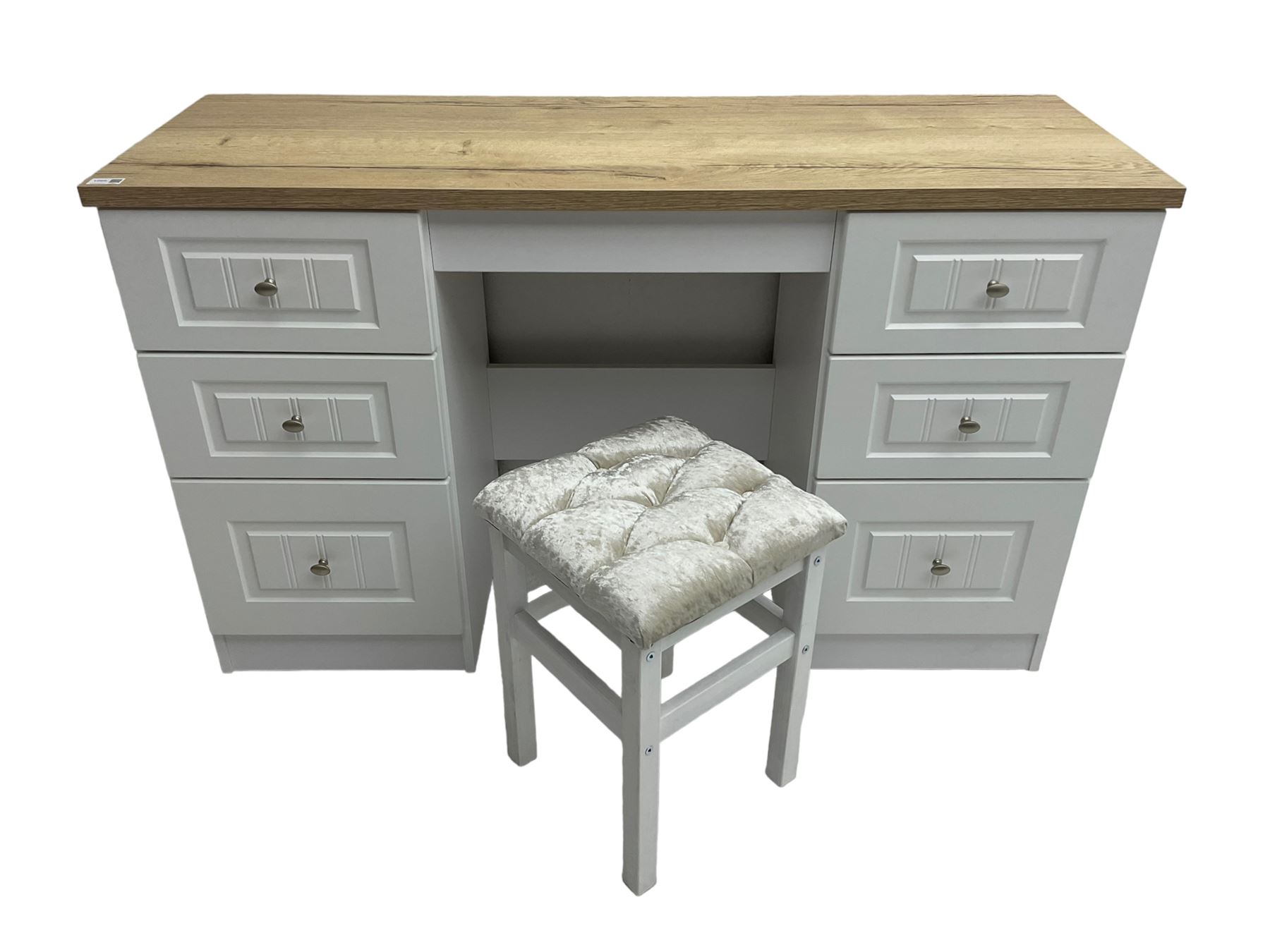 Oak and white finish twin pedestal dressing table or desk, fitted with six drawers and with stool