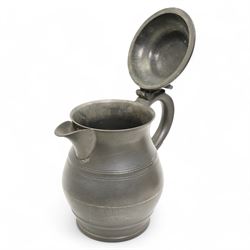 18th century pewter ale jug, circa 1790, with domed tappit lid and shell thumb piece, touch marks to base, H22cm