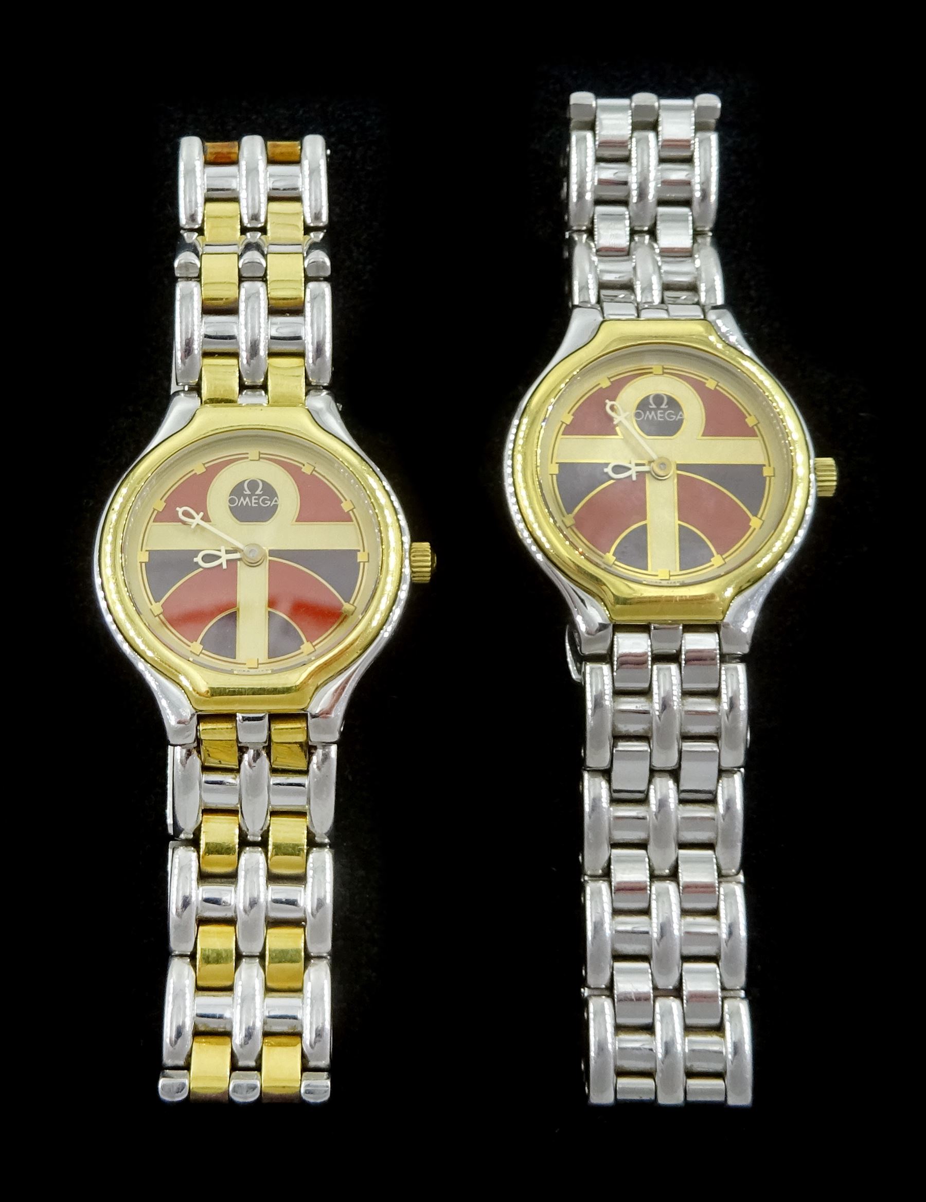 Omega two ladies gold and stainless steel quartz wristwatches, Egyptian Ankh dial and hands, both on integrated Omega bracelet straps, one gold and stainless steel, the other all stainless steel, with fold-over clasps