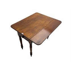 19th century mahogany drop leaf Pembroke table, drawer to end, on turned supports