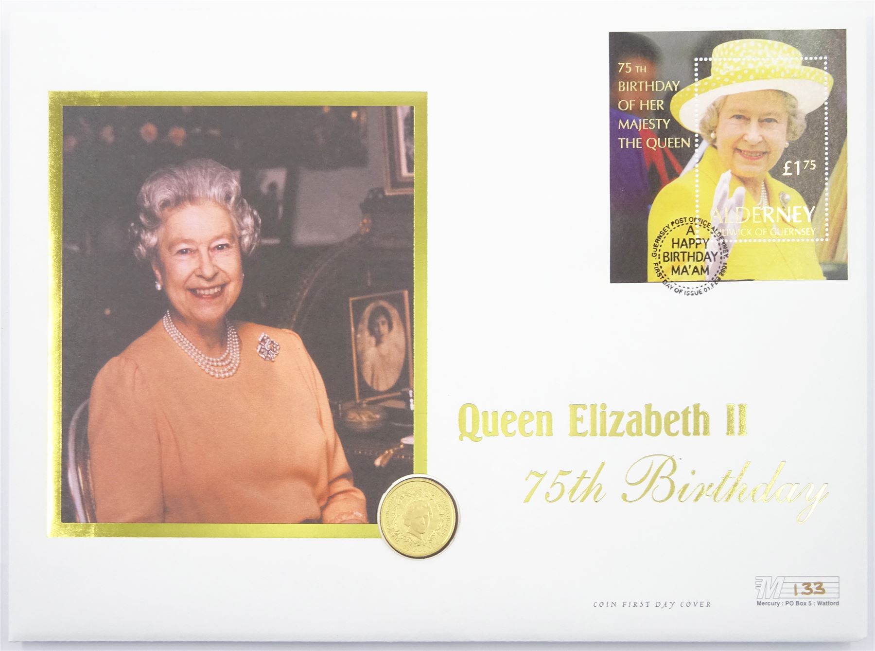 Queen Elizabeth II Bailiwick of Guernsey 2001 gold twenty-five pounds coin, housed in a commemorative cover