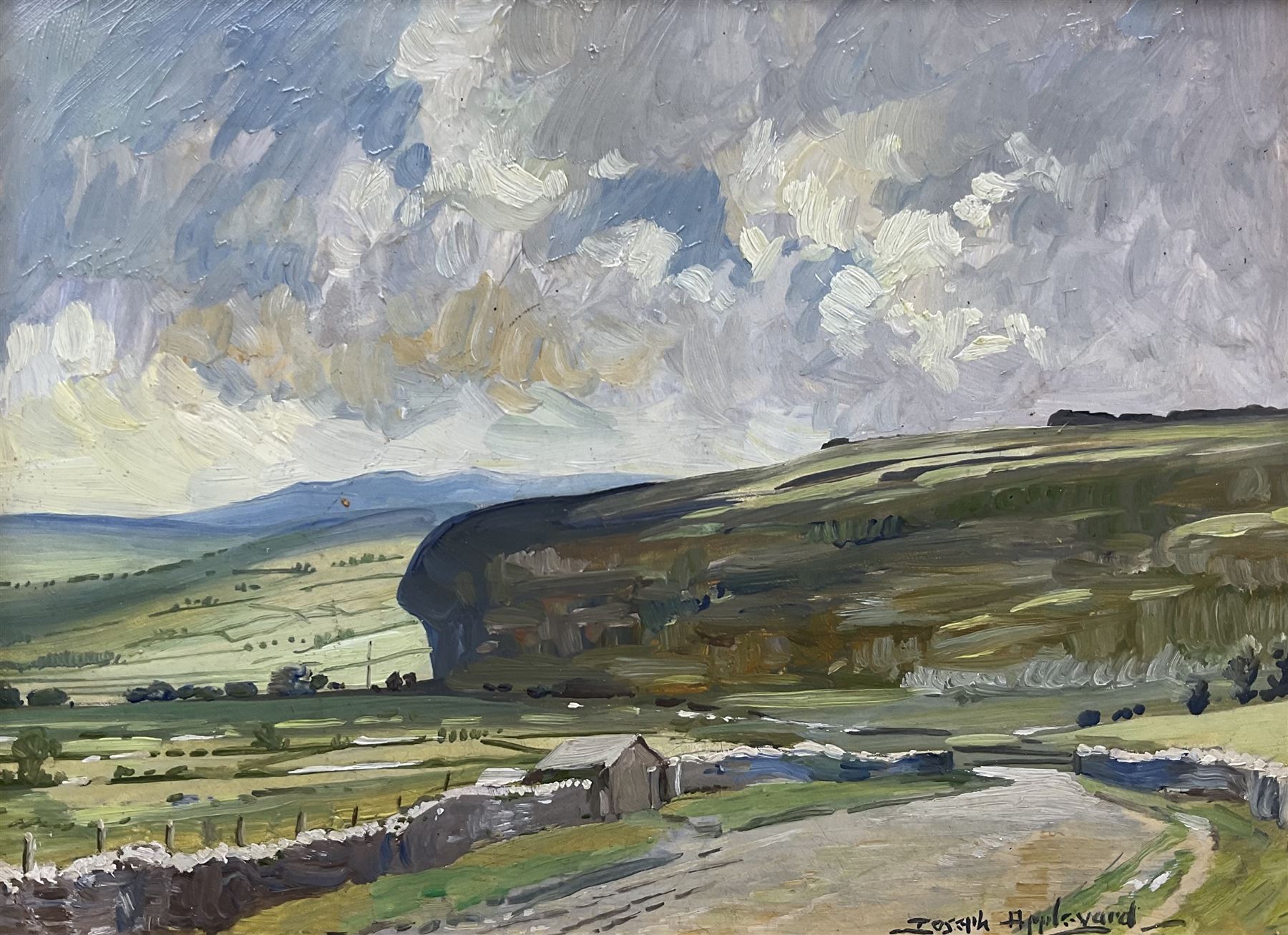 Joseph Appleyard (Yorkshire 1908-1960): 'Kilnsey Crag near Kettlewell', oil on board signed, titled verso 15cm x 20cm