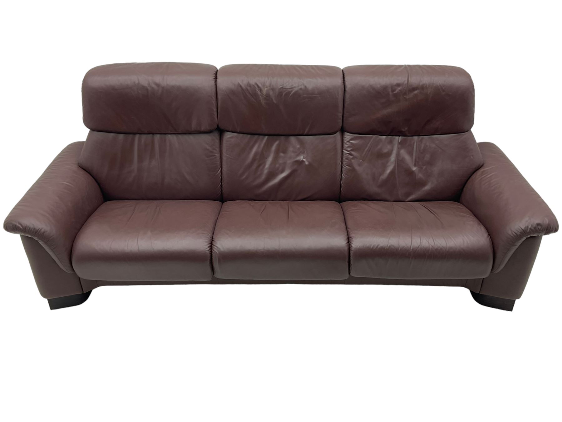 Ekornes Stressless - three-seat sofa upholstered in chocolate brown leather, with high backrests, cushioned headrests, and manual reclining mechanism (L248cm, D84cm, H102cm); with matching two-seat sofa (L184cm, D84cm, H102cm)