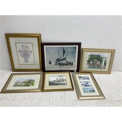 Pictures and prints including watercolours, topographical scenes etc, in one box