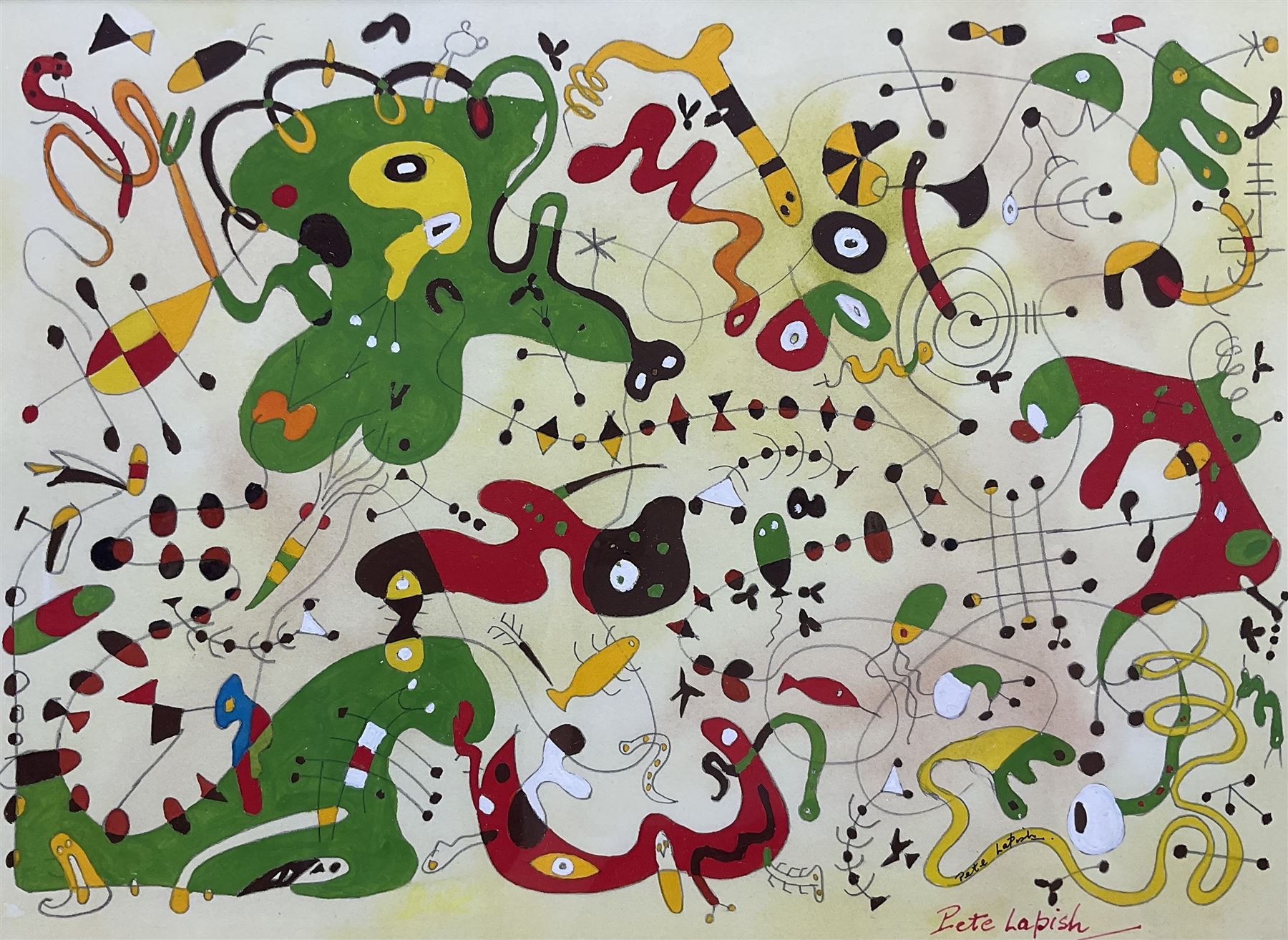 Peter Lapish (British 1937-): 'Amorous Amorphism (Shades of Miró)', acrylic on paper signed, titled verso 26cm x 36cm