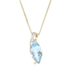 9ct gold marquise cut sky blue topaz and round brilliant cut diamond pendant necklace, hallmarked, topaz approx 7.35 carat