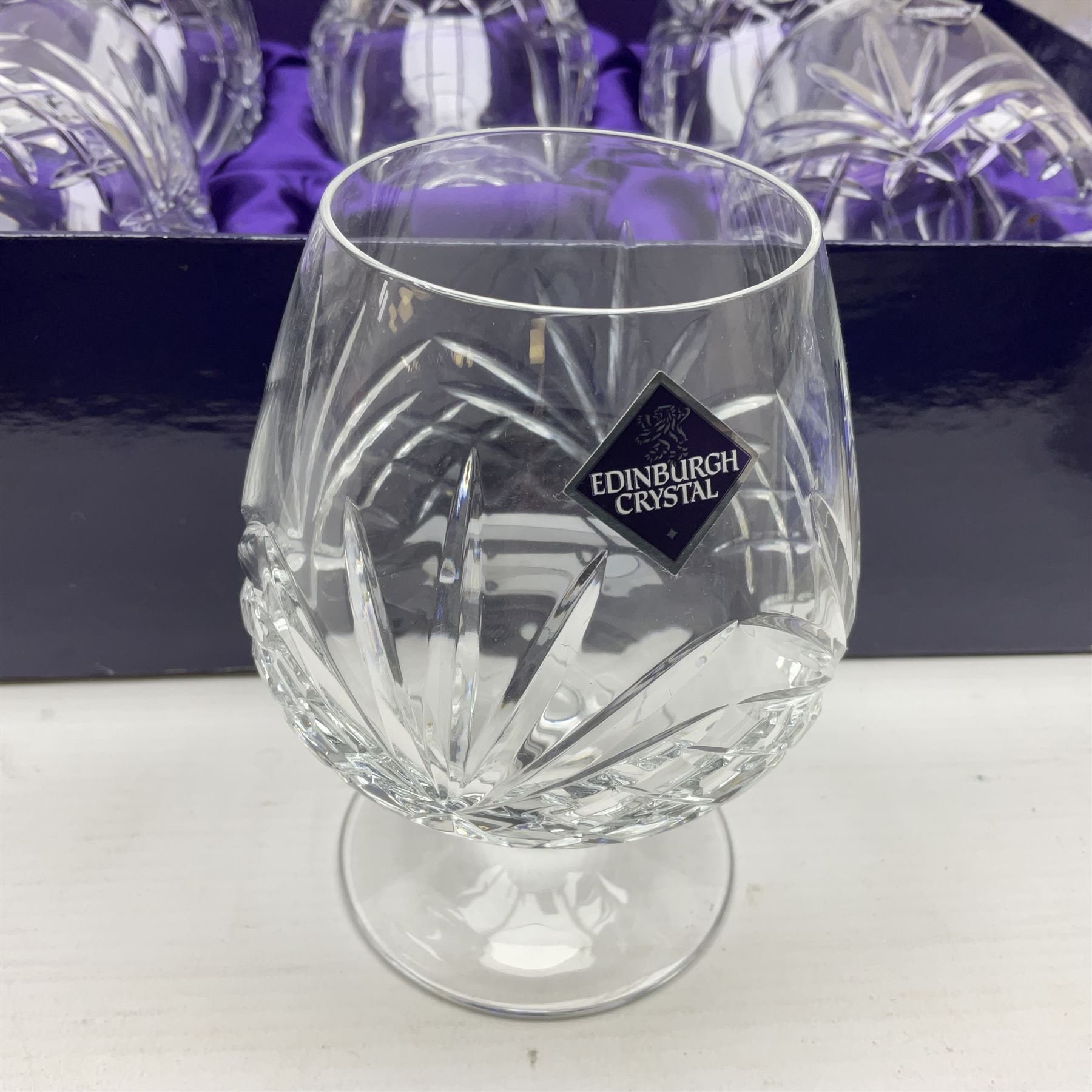 Set of six Edinburgh Crystal Continental Collection wine glasses, together with a set of six Edinburgh Crystal brandy glasses, both boxed