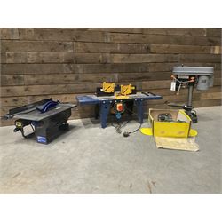 Terratek pillar drill, Wolf router with table, Bosch router and an Energer table saw