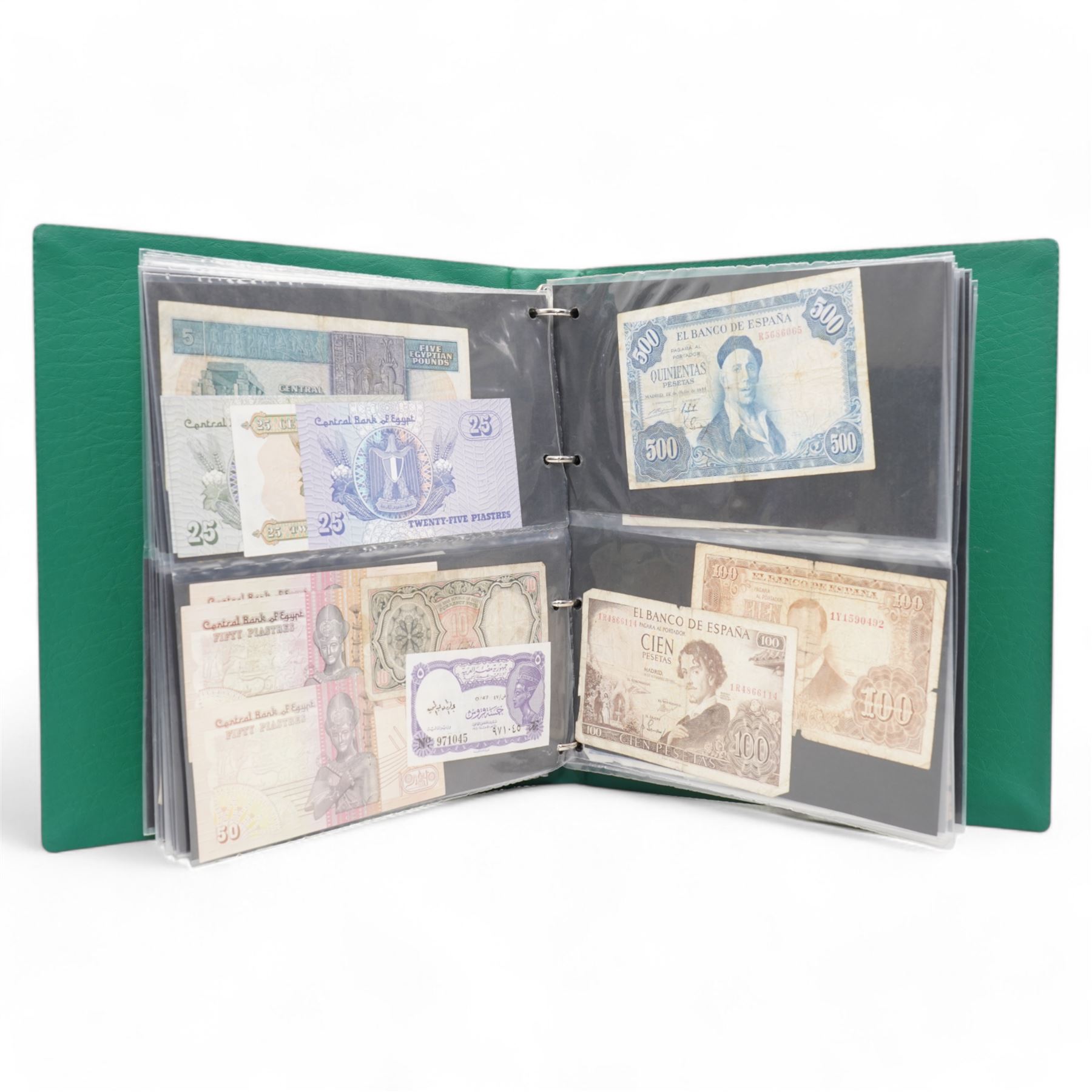 Great British and World banknotes, including Bank of England Peppiatt ten shilling 'N79D', one pound 'A82D', Beale ten shillings 'M51Z', one pound 'C78C', Somerset fifty pounds 'A01',  Isle of Man Government five pounds 'A63166', The Commercial Bank of Scotland Ltd one pound '2nd January 1953 26T', The Government of The Falkland Islands five pounds '14th June 1983 A032026', various Egyptian banknotes, Italian and other pre-Euro banknotes etc, housed in a green ring binder folder