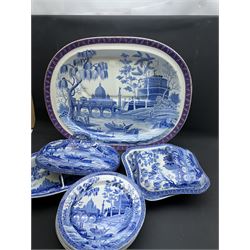 19th century Spode blue and white dinner service for six place settings, decorated in the Tiber pattern, comprising six dinner plates, six dessert plates, meat drainer with red clobbered edge, oval serving dish with twin compartmented interior and matched cover, square serving dish with cover, and two oval platters