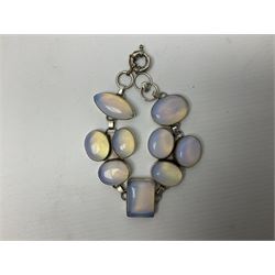Silver jewellery, to include, shell pendant with silver floral detail, turquoise pendant in the form of a spider, opalite bracelet, rhodonite bracelet and four other similar items (8)