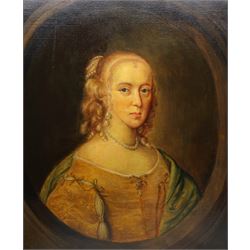 English School (20th Century): Portrait of a Lady in Pearls, oil on canvas unsigned, paired with a similar print 70cm x 60cm (2)