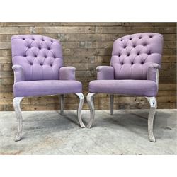 Voyage - two high back armchairs upholstered in buttoned lilac and tweed fabric, painted cabriole legs