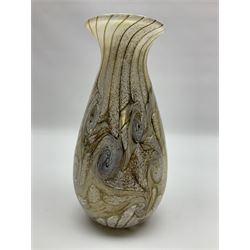 Three Gozo Glass vases of various shapes, decorated with mottled and swirled textured designs in shades of brown, together with two murano  pedestal dishes, largest dish H23cm