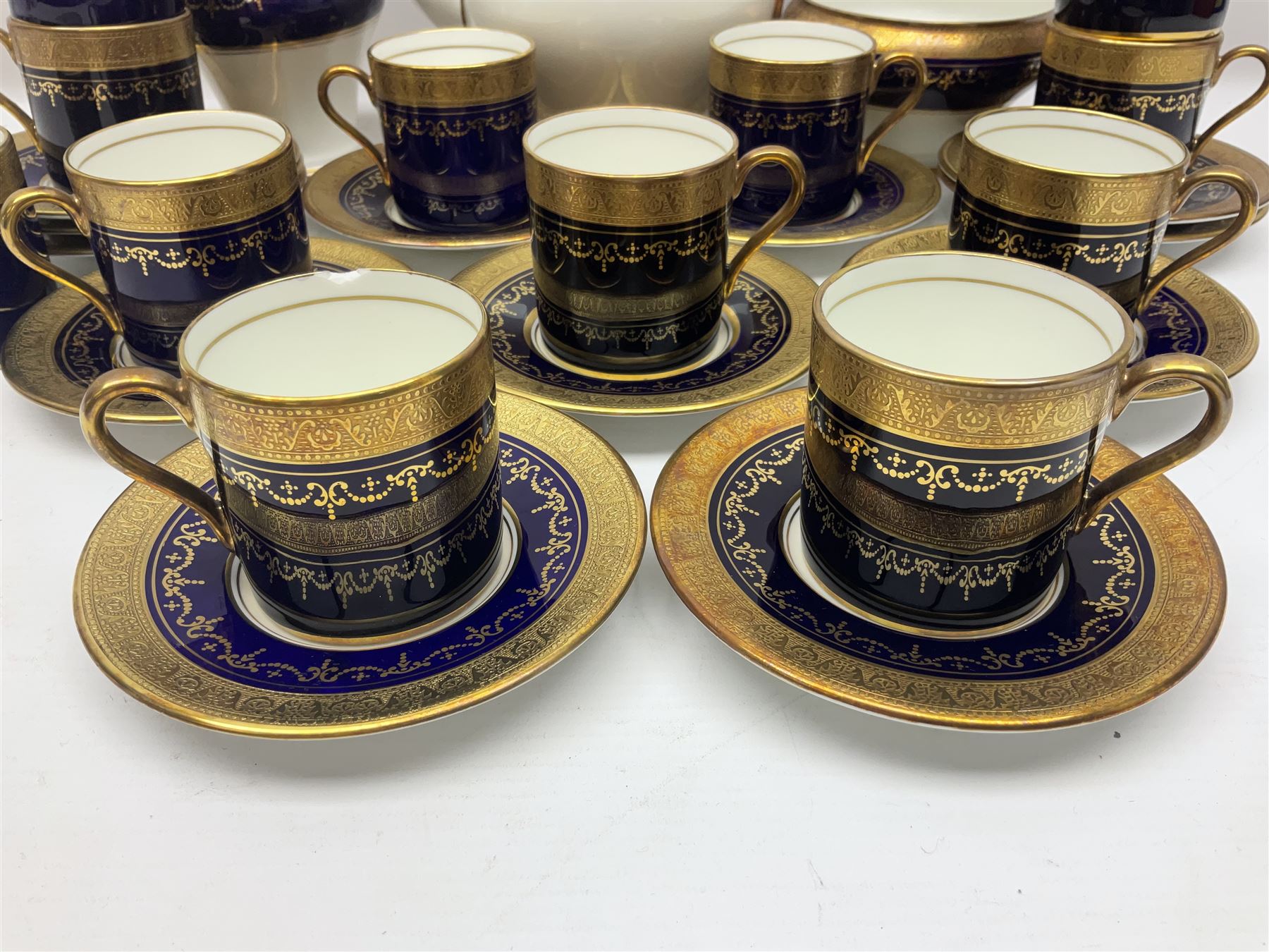 Aynsley Georgian Cobalt pattern coffee service, pattern no 7348, comprising twelve coffee cans and saucers, coffee pot, open sucrier and milk jug, all with printed mark beneath