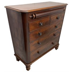 Victorian mahogany chest, rectangular moulded top with rounded corners, the frieze drawer with turned half column mount, two short and three long cock-beaded drawers, on turned feet