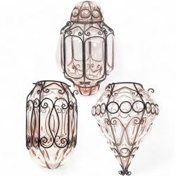 Three Murano rose glass light fittings, with incorporated metalwork, two lacking covers, l...