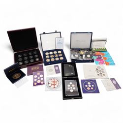 Mostly Commemorative coins or sets, including The Royal Mint United Kingdom 2008 'Royal Shield of Arms' proof collection cased with certificate, 2006 brilliant uncirculated coin collection, 'The Diana, Princess of Wales Photographic Coin Collection', 'The 75th Birthday of His Majesty King Charles III Celebration Coinage Collection', various five pound coins on cards, loose five pound coins, 1976 Guyana six coin proof set minted by The Franklin Mint etc