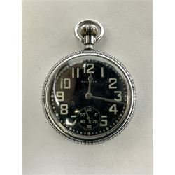 Waltham military open face pocket watch, with signed black dial and subsidiary seconds dial, the case back engraved with broad arrow and 30812907 