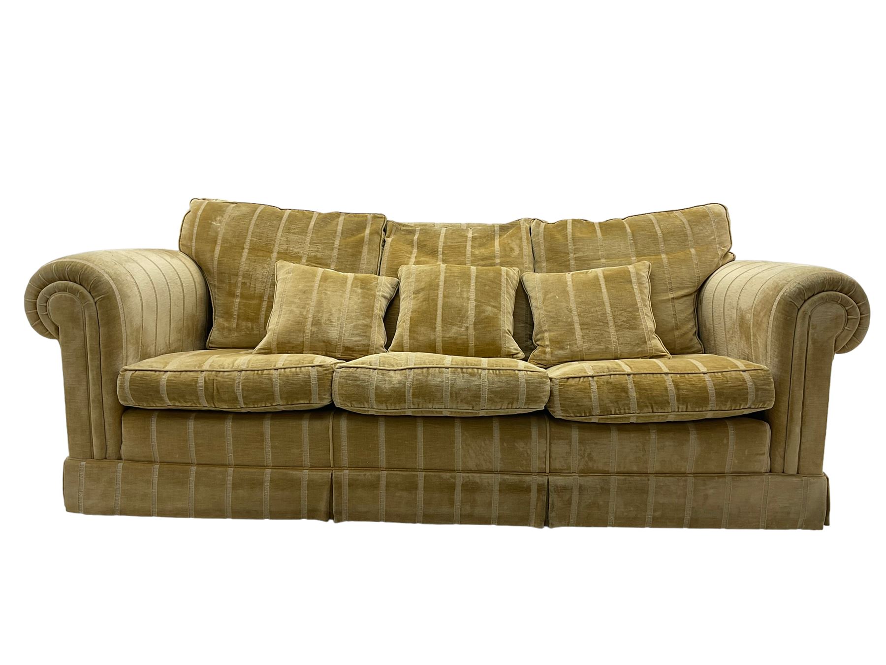 Duresta England - three-seat sofa, upholstered in pale gold fabric, traditional shape with rolled arms