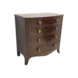 Victorian mahogany bow-fronted chest, fitted with four long graduating cock-beaded drawers, shaped apron on splayed bracket feet