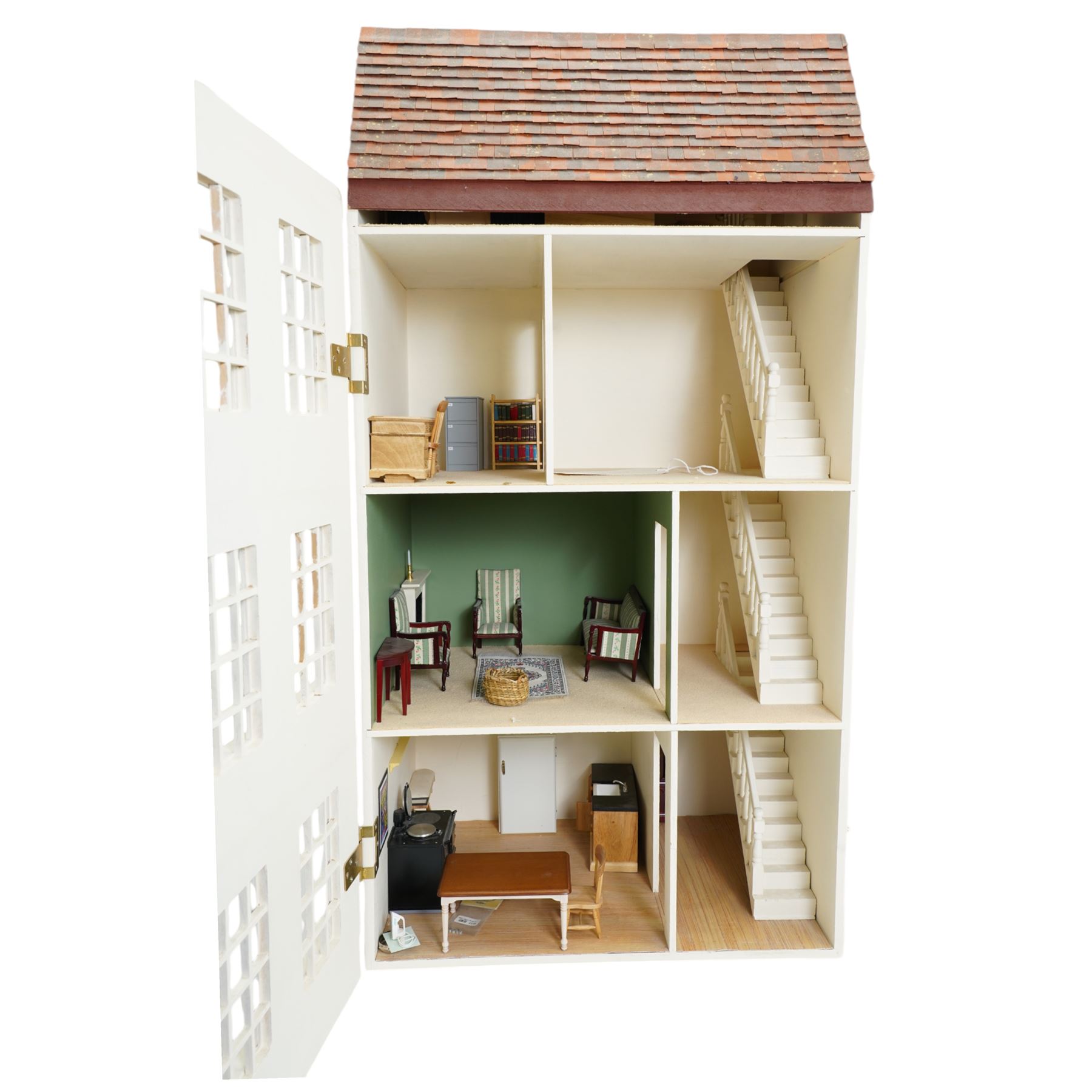 Modern scratch-built model of 73-75 Micklegate, York, a Georgian three storey town house, with partially furnished rooms, H95cm x D32cm