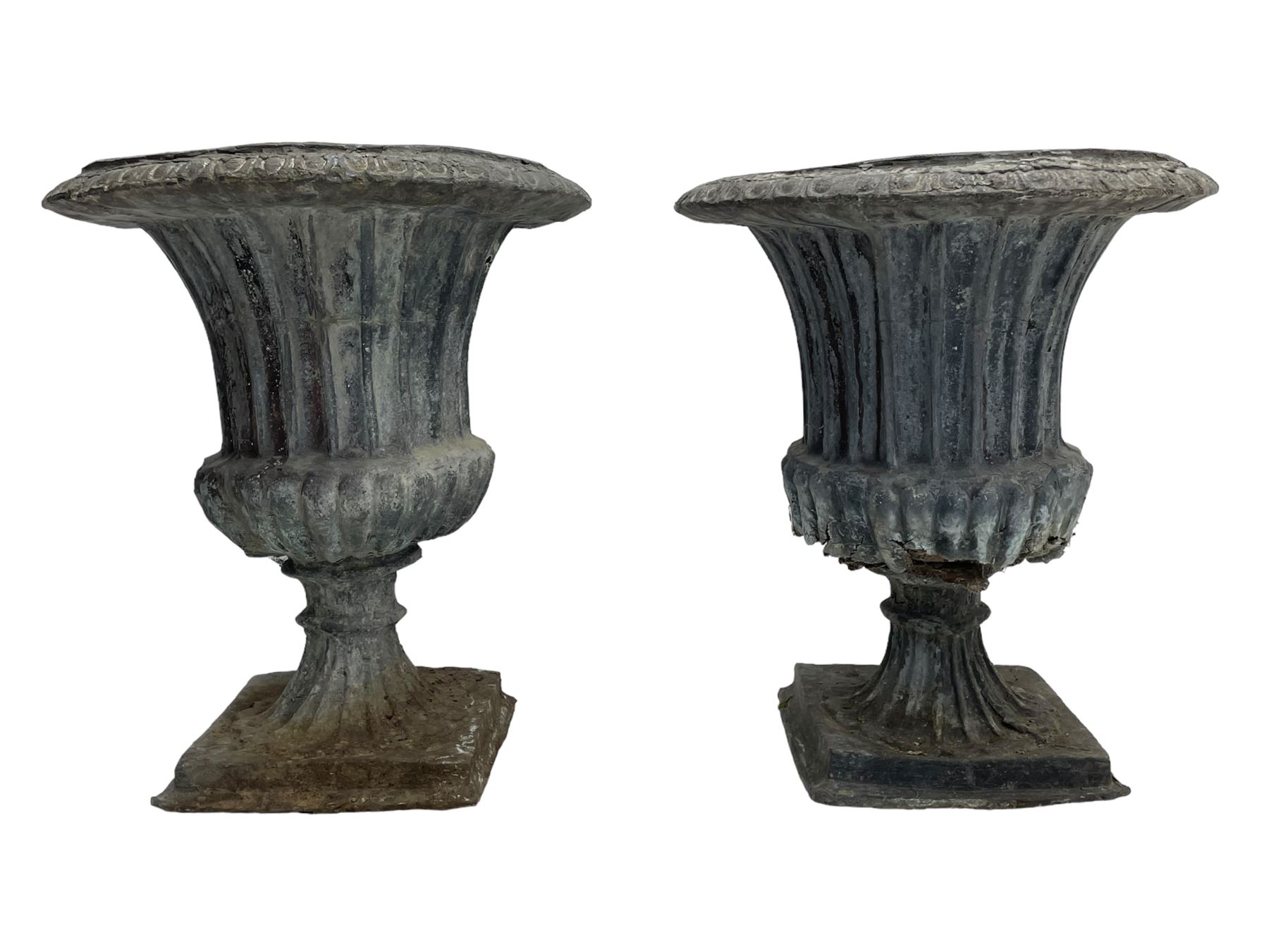 Pair of 19th century lead Campana shaped garden urns, egg and dart moulded rim, tapered fluted body over gadrooned underbelly, tapered and fluted foot on moulded square base 