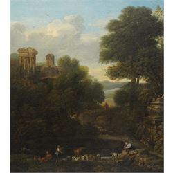 John Wootton (British 1678-1764): Extensive Italianate Capriccio Landscape with Classical Pastoral Figures, oil on canvas indistinctly signed lower centre 'J Wootton' 66cm x 61cm
Provenance: Purchased at Christie's, King Street, London, British Pictures Sale, July 1991, Lot 64
Notes: When sold at Christie's, they noted it was inscribed on an old label on the reverse: 'Landscape manner/Poussin(?) by John Wootton'. This work exemplifies the artist’s mastery of blending naturalism with classical idealization. The serene composition, featuring classical ruins, pastoral figures, and a luminous landscape, reflects the influence of both Poussin and Claude Lorrain, blending imaginary and real elements in a harmonious, timeless scene. It clearly demonstrates why his landscapes were often compared to the great French masters of the 17th century - and appealed to the tastes of contemporary aristocratic collectors.