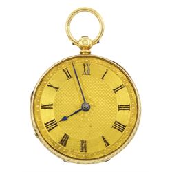 Victorian 18ct gold open face key wound lever pocket watch, No. 58513, gilt dial with Roma...