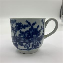 Two 18th century Worcester porcelain coffee cups, the first example decorated in the Plantation pattern, circa 1754, the second decorated in the Mansfield pattern, circa 1760, with workman's mark beneath, each approximately H5.5cm