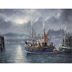 Jack Rigg (British 1927-2023): Trawlers in Scarborough Harbour by Moonlight, oil on canvas signed, dated 1996 verso 34cm x 44cm