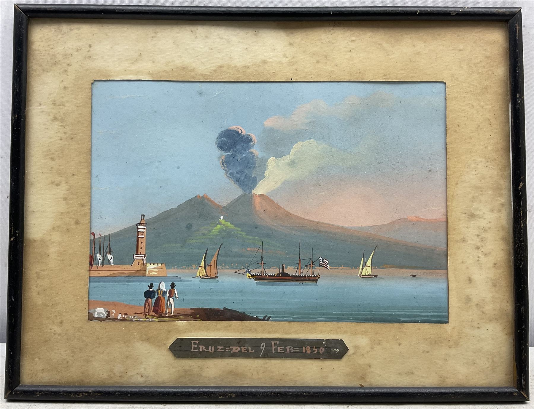 Neapolitan School (Mid 19th century): 'Vesuvius Erupting 9th Febuary 1850' seen from the Riviera di Chiaia Beach Tower over the Bay of Naples, set of three gouaches night and day with American Paddle steamer in the foreground, unsigned titled and dated 16cm x 23cm (3)