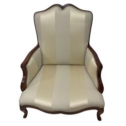 Duresta - French design hardwood-framed wide-seat armchair, shaped cresting rail over curved arms, upholstered in two-tone off-white striped fabric with loose seat cushion, shaped apron and cabriole feet 